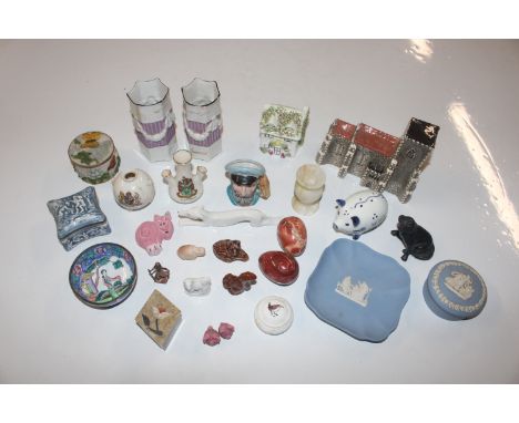 A box containing Wedgwood jasperware; an enamel decorated bowl; model church and other decorative porcelain
