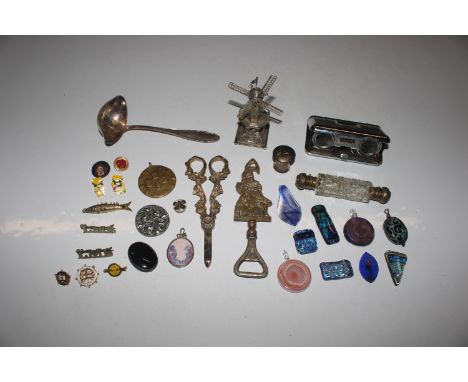 A silver model of a windmill, approx. 52gms; a WMF spoon; a double ended scent bottle; various Art Glass pendants; opera glas