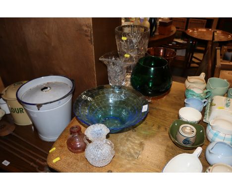 Various coloured Art Glass ware; two cut glass vases etc.