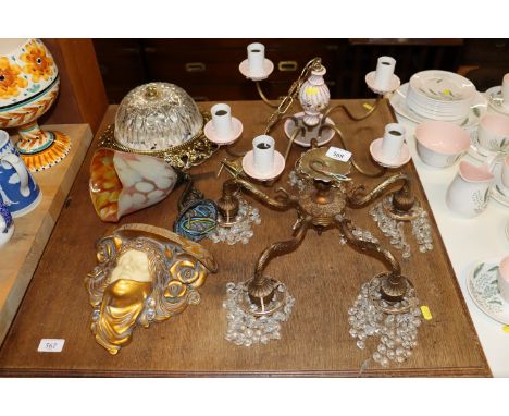 A collection of ceiling lights; a wall light; and a decorative bracket 