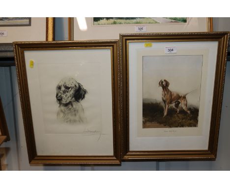 An etching of an English Setter signed Leon Danchin circa 1930's; and a print of a pointer at fieldwork 