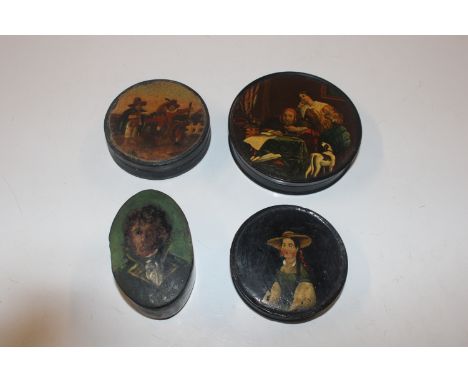 An antique oval snuff box, the lid decorated with a portrait; and three circular snuff boxes 