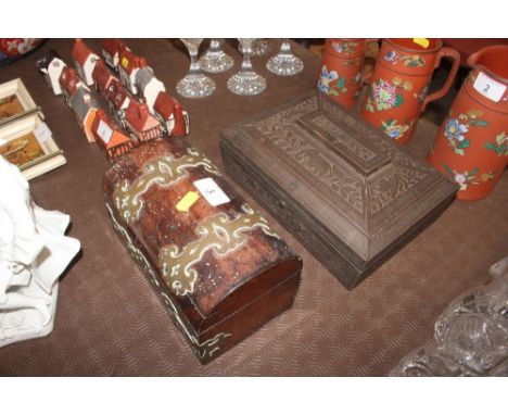 A Victorian walnut and brass mounted tea caddy AF; and a Huntley &amp; Palmers biscuit tin in the form of an Indian box