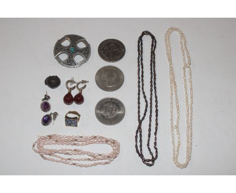 A yellow metal ring with mosaic panel; pendant ear-rings; bead necklaces; Celtic brooch, Churchill crown and others 