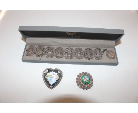 A French silver souvenir bracelet and an enamelled decorated filigree work brooch; and an enamel decorated heart shaped brooc