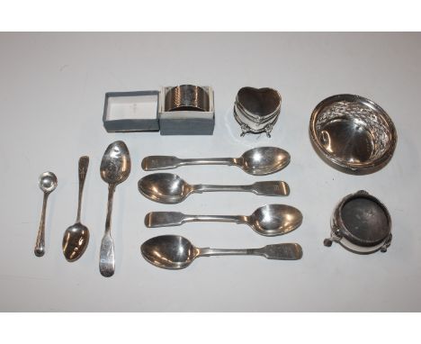 A pierced silver dish; a silver salt; a silver napkin ring; a set of four silver teaspoons; three other silver spoons, approx