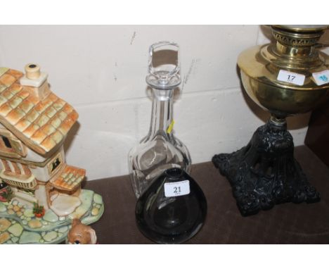 An Orrefors glass decanter with Masonic decoration; and a tinted heavy glass vase