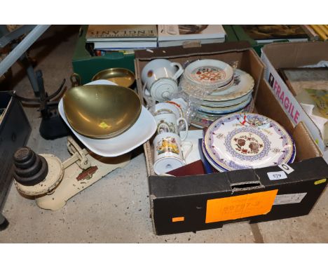 Two sets of vintage kitchen scales and weights and a box containing various Royal Commemorative porcelain 