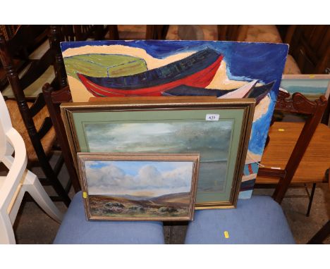 A 70's style oil on board of boats; two watercolours and a print 