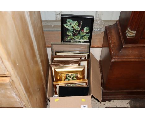 A box of miscellaneous small pictures, print, embroideries etc.