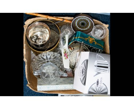 Box of Assorted Ceramics and Collectables including brass ware 'Art Deco' boxed teapot 'Stellar' glass ware, silver plate etc