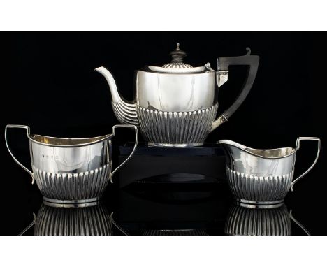 Victorian Period Bachelors 3 Piece Silver Tea Service of Excellent Shape / Form with Fluted Columns to Lower Bodies. Hallmark