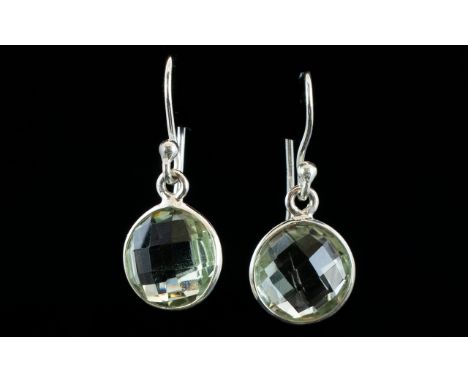 Brazilian Green Amethyst Solitaire Drop Earrings, round cut green amethysts of 3cts each, with chequerboard faceting to front