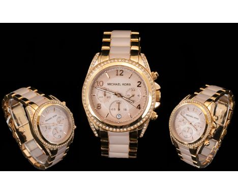 Michael Kors MK 5943 Ladies Two Tone Rose Gold Toned Blair Chronograph Watch, Set with Diamante to Case and Bezel. Features C