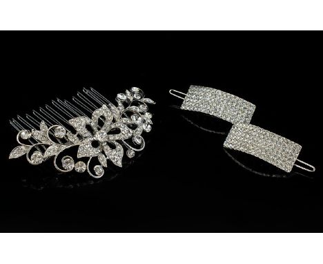 White Austrian Crystal Hair Comb and Clips, a pave set crystal flower to the centre with scrolling stems and leaves to either