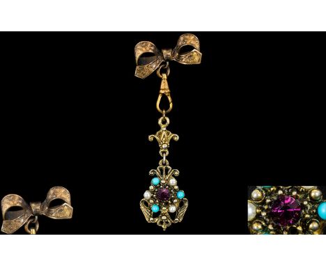 Victorian Period Gold Tone Metal Ornate Combined Brooch and Stone Set Pendant Drop, The Brooch In The Form of a Ribbon / Bow 