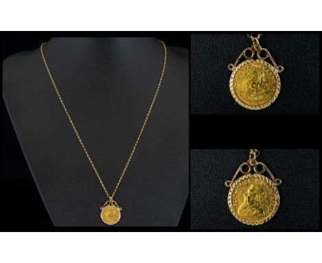 1/10th of a Fine One oz Gold Krugerrand. Date 1988, Within a 9ct Gold Mount, with Attached 9ct Gold Belcher Chain. Chain Leng