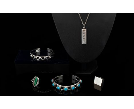 Collection of Solid Silver Jewellery ( 5 ) Items In Total. Comprises 1/  ( 2 ) Solid Silver Stone Set Bangles, Good Quality. 