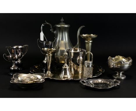 A Mixed Collection Of Metal And Plated Metal Items Approx 15 pieces in total to include large etched tray, ornate coffee pot,