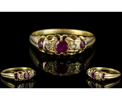 Antique Period - Ladies 18ct Gold Set Ruby and Diamond Dress Ring In a Gallery Setting. Hallmark London 1914, Ring Size - L. 