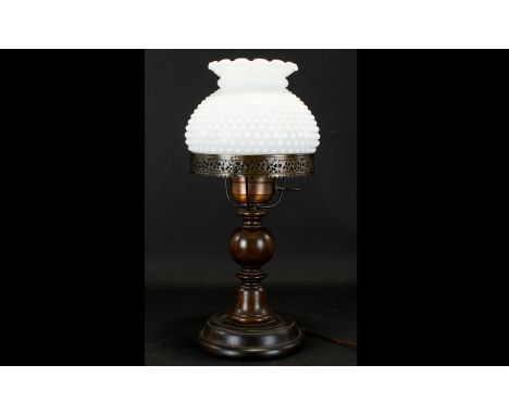 Early 20th Century Table Lamp Comprising turned wood base of classical form with original whit, fluted, opalescent shade dimp