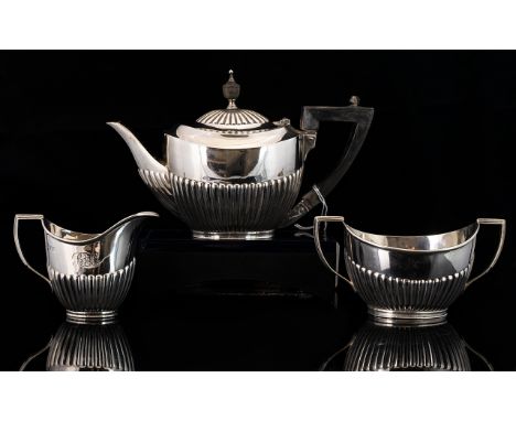 Edwardian Period Matched Bachelors Silver 3 Piece Tea Service of Excellent Form and Size. Hallmark Sheffield 1902, Maker Gold