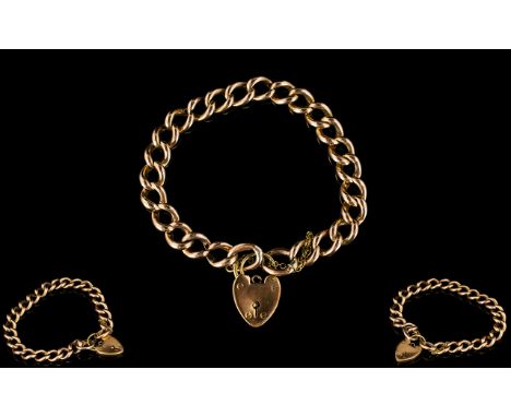 Antique Period 9ct Rose Gold Curb Bracelet with Heart Shaped 9ct Gold Padlock and Safety Chain. All Links Marked 9ct Gold, In