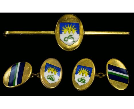 Manchester University Interest. A Fine Quality Gents Pair of Sophos Gold Cased and Enamel Cufflinks. Boxed - Manchester Unive