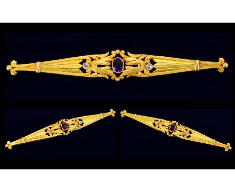 Antique Period - Superb Quality 18ct Gold Elongated Brooch Set with a Central Amethyst and Diamonds to Sides, No Marks - Test