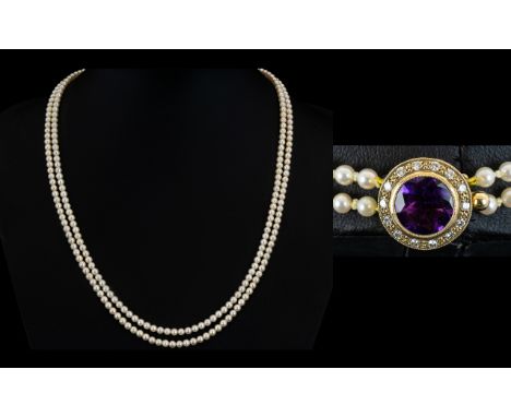 Ladies - Very Nice Quality Double Strand Pearl Necklace with Superb Amethyst and Diamond Clasp. Fully Hallmarked 9ct, The Cen
