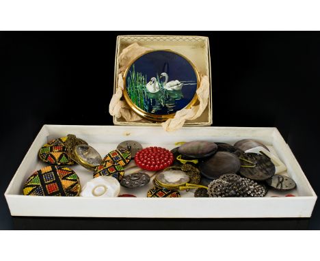 A Small Collection of Old Buttons. Together with a Stratton Compact decorated with swans in a pond setting.