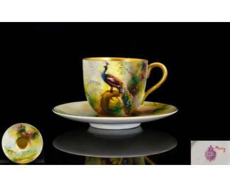 Royal Worcester Miniature Hand Painted Cup and Saucer ' Peacocks - Pheasants ' In a Woodland Setting, Signed to Cup - Please 