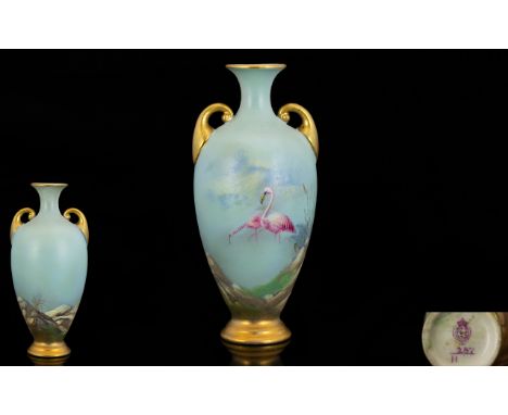 Royal Worcester Hand Painted - Small Twin Handle Urn Shaped Vase - Pink Flamingos on Powder Blue Ground, Painted Gold Handles