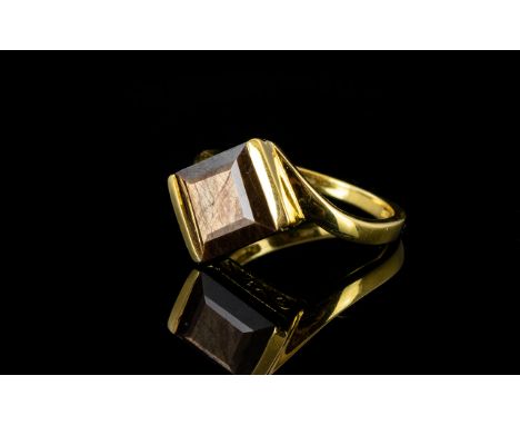 Golden Lustre Sapphire Ring, a square cut, 4.75ct solitaire, semi bezel set in a diamond shape, in 14ct gold vermeil and silv