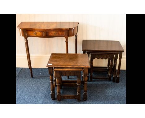 A Small Console Table Serpentine front, with two frieze drawers raised on reeded column legs.  Height 28", Length 31". Togeth