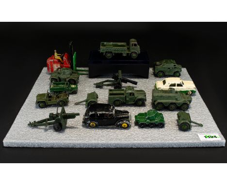 A Collection of Dinky Diecast British Military Vehicles including Armoured Personnel Carrier, Army 1 ton cargo truck, Army wa