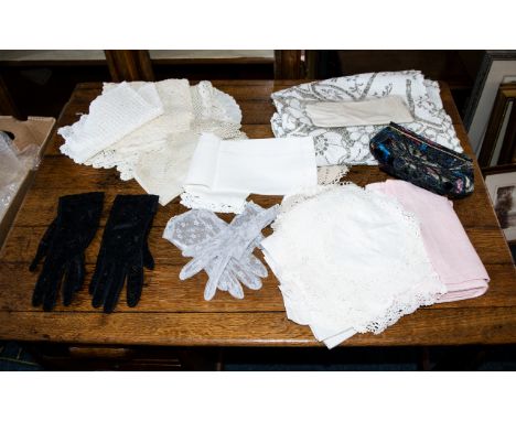 A Small Collection of Textiles & Accessories. To include several pairs of 1980s lace gloves, small beaded bag, crocheted tabl