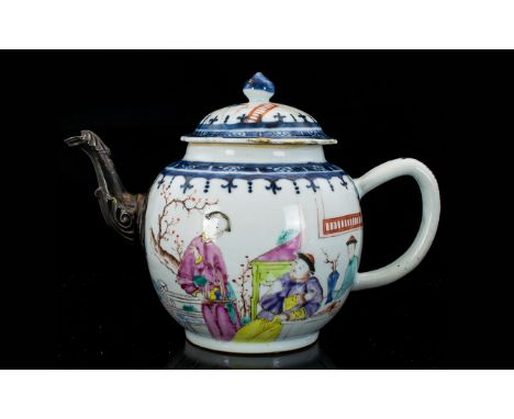 An Early 19th Century Chinoiserie Decorated Teapot The whole, painted in enamels, depicting figures. White metal spout, the c