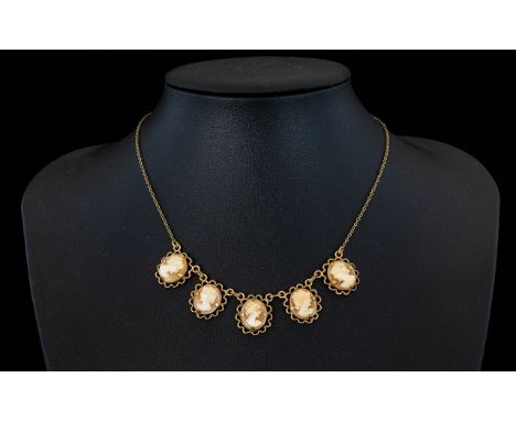 Ladies 9ct Cameo Set Necklace, The Five Cameos - Depicting Young Women / Busts with Open worked Mounts, Both Cameo and Chain 