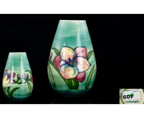 Moorcroft Tube lined Tapered Ovoid Shaped Small Vase ' Freesia ' Design on Bluey - Green Ground, Moorcroft Impressed Marks to