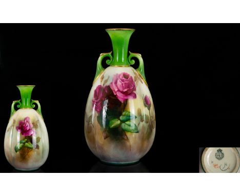 Royal Worcester / Hadleys Hand Painted Twin Handle Vase with Painted Images of Roses to Body of Vase, with Painted Images of 