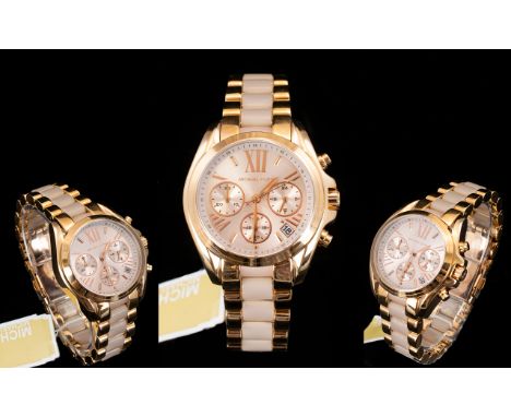 Michael Kors Ladies MK 6066 Bradshaw Rose Gold Chronograph Watch. Features PVD Rose Gold Plating, Chronograph Multi Dial Func