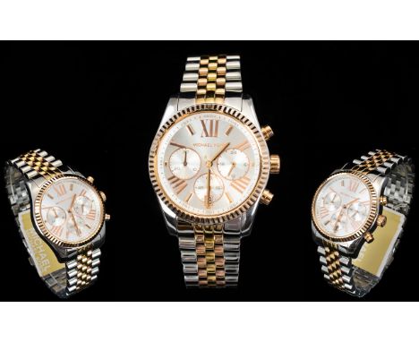 Michael Kors - Stylish MK 5735 Ladies Lexington Chronograph Watch. Features 3 Tone Design with PVD Gold Plated and Rose Plate