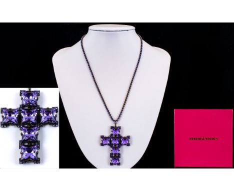 Butler & Wilson Nice Quality Crystal Set, amethyst colour, large cross with attached crystal set necklace.  Marked Butler & W