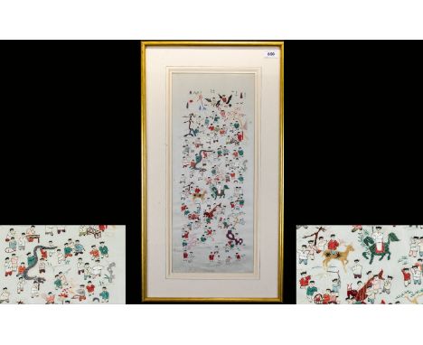 Chinese Silk Panel Depicting 100 Children 22 x 9 inches, ivory silk ground with multi-colour silk embroidery. Framed and moun