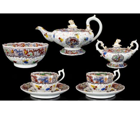Antique Period Superb Quality - Hand Painted In Enamels ( 7 ) Piece Porcelain Tea Service. Comprises 1 Large Teapot, 2 Cups a