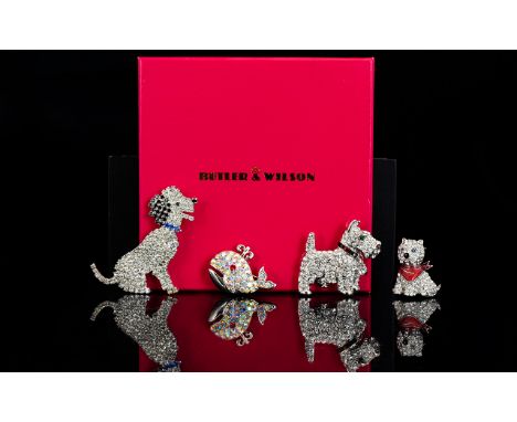 Butler And Wilson Four Crystal Set Statement Brooches Each in the form of animals to include seated dog with blue collar and 