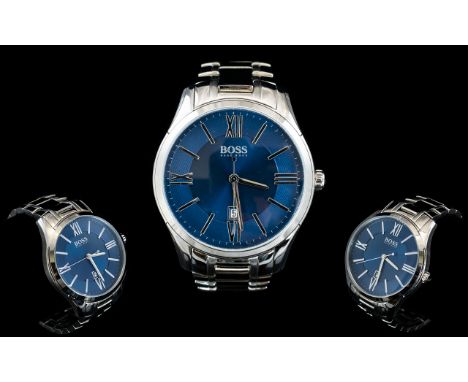 Hugo Boss Ambassador Gentleman's Excellent Quality Stainless Steel Silver Tone Wrist Watch. 1513034  Features A Blue Dial. Wa