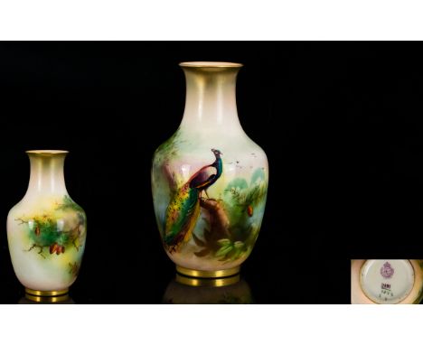 Royal Worcester Hand Painted Small Vase ' Peacock In a Woodland Setting ' Date 1910, Unsigned. Height 4.75 Inches - 11.80 cm.