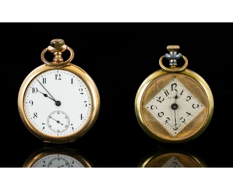 Clymo - Art Deco Period Brass Cased Pocket Watch. c.1920's. Features a Diamond Shaped Dial with Embossed Hunting Scene to Bac